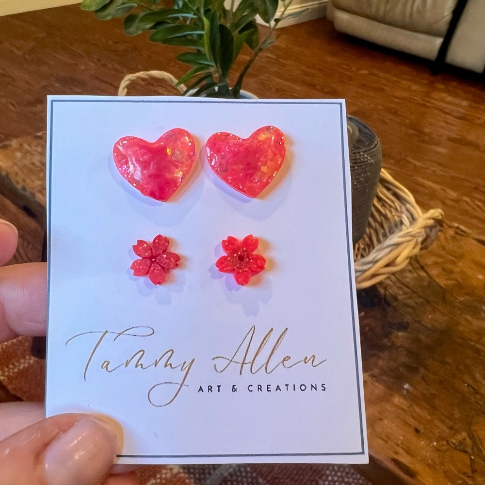 Tammy Allen Pink Heart and Flower Earrings